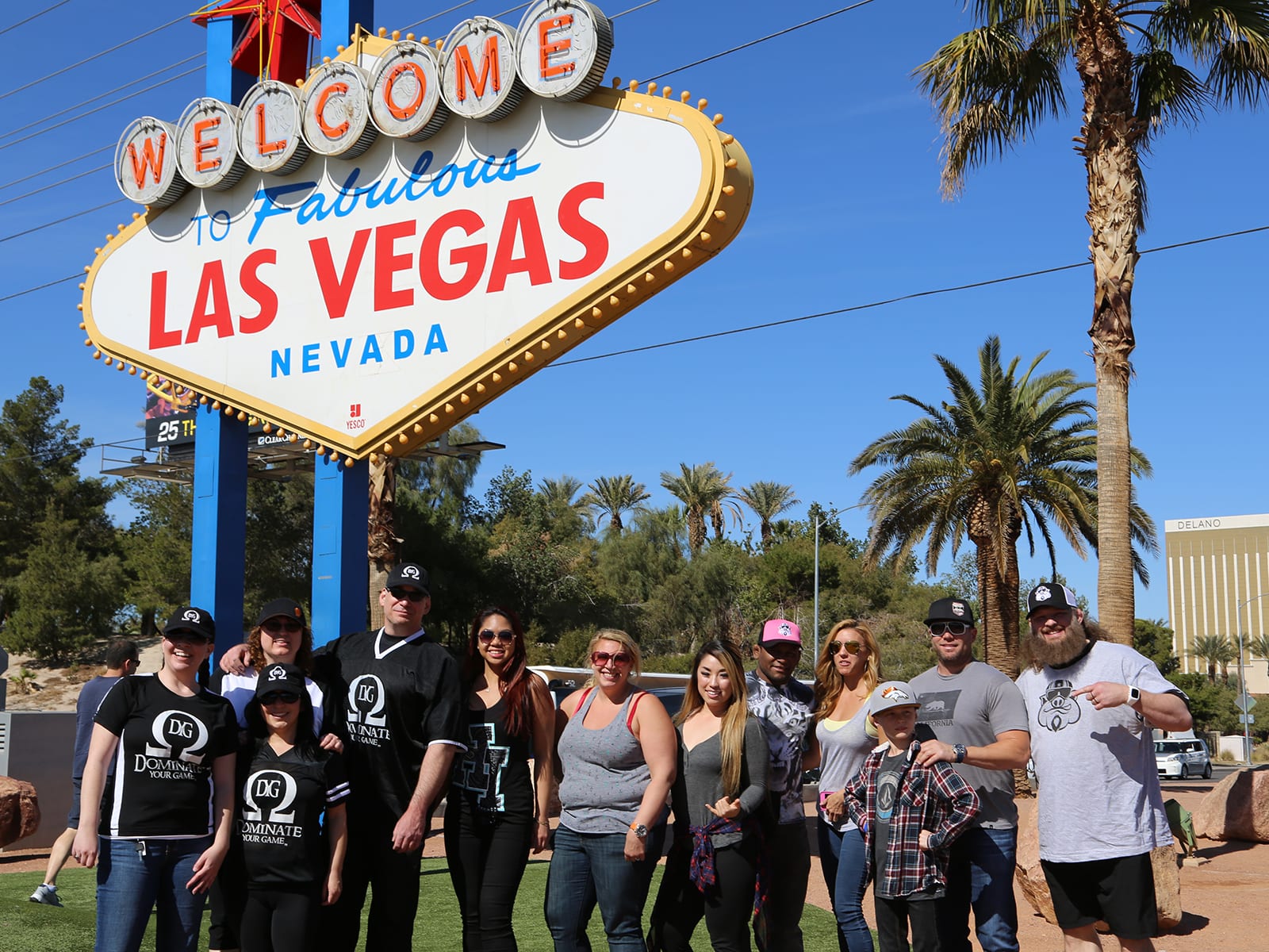 Hog Car guests at the Welcome to Las Vegas sign