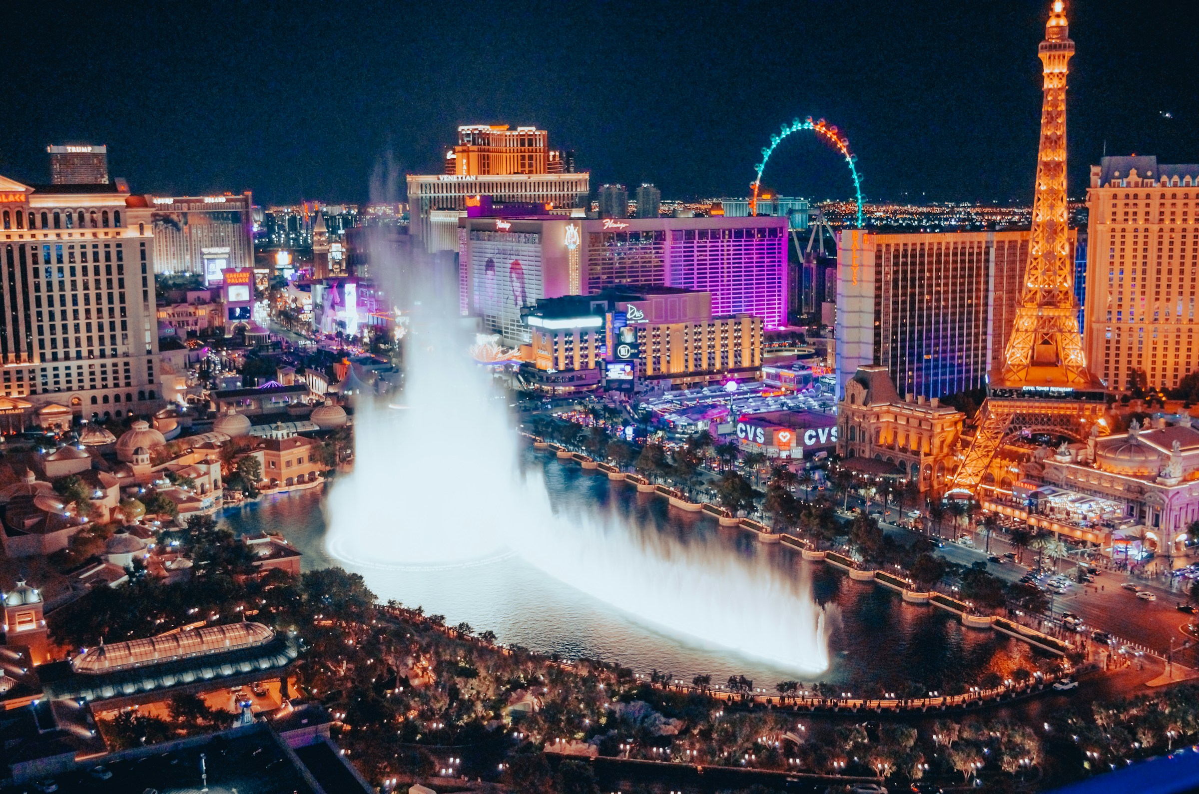 The Las Vegas Strip and Bellagio fountains at night
